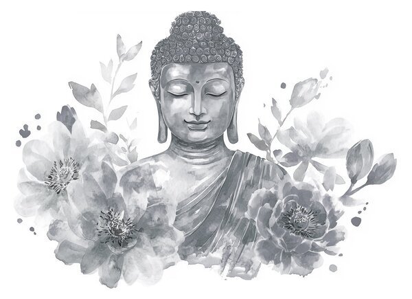Fototapety Akwarela Budda z kwiatami, duchowa, szara paleta kolorów , Fototapety Kwiaty, w04005v1 : Uwalls.pl