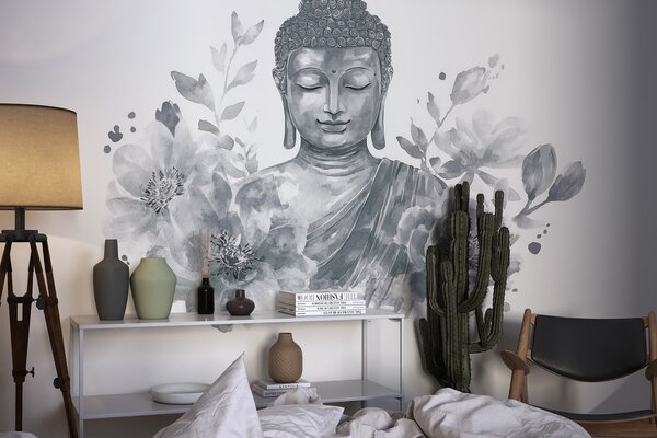 Fototapety Akwarela Budda z kwiatami, duchowa, szara paleta kolorów , Fototapety Kwiaty, w04005v1 : Uwalls.pl