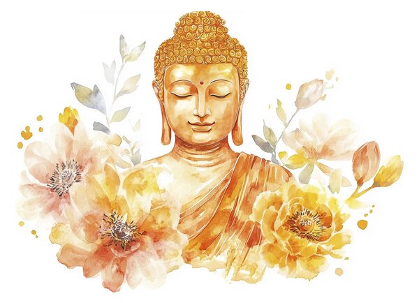 Fototapety Akwarela Budda z kwiatami, duchowa, pomarańczowa paleta kolorów , Fototapety Akwarele, w04005 : Uwalls.pl