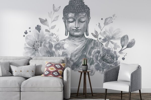 Fototapety Akwarela Budda z kwiatami, duchowa, szara paleta kolorów , Fototapety Kwiaty, w04005v1 : Uwalls.pl