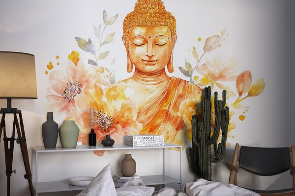 Fototapety Akwarela Budda z kwiatami, duchowa, pomarańczowa paleta kolorów , Fototapety Akwarele, w04005 : Uwalls.pl