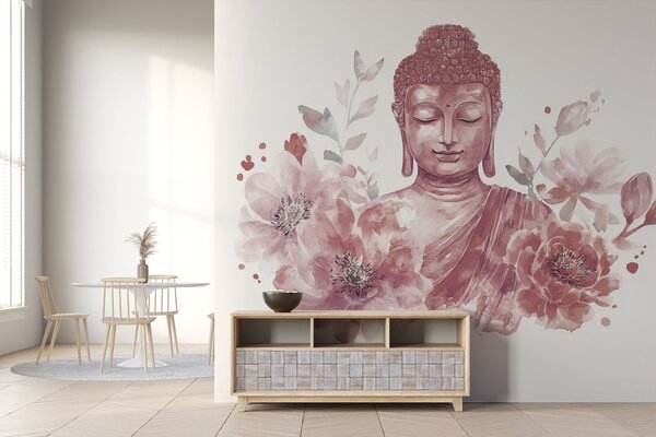 Fototapety Akwarela Budda z kwiatami, duchowa, bordowa paleta kolorów , Fototapety Kwiaty, w04005v2 : Uwalls.pl