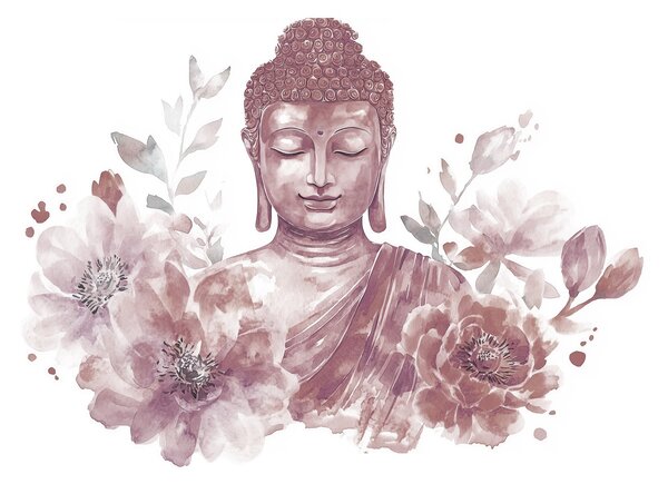 Fototapety Akwarela Budda z kwiatami, duchowa, bordowa paleta kolorów , Fototapety Kwiaty, w04005v2 : Uwalls.pl