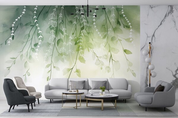 Fototapety Gałęzie z liśćmi w stylu akwareli, naturalne zielone kolory, Fototapety Akwarele, w04007 : Uwalls.pl