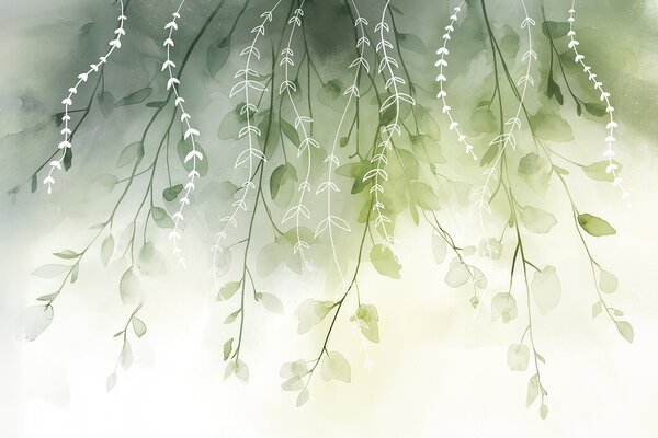 Fototapety Gałęzie z liśćmi w stylu akwareli, naturalne zielone kolory, Fototapety Akwarele, w04007 : Uwalls.pl