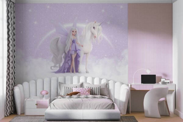 Fototapety Wróżka z jednorożcem wśród chmur, Fototapety Dziecięce, Fototapety Dla dziewczynek, w03527 : Uwalls.pl