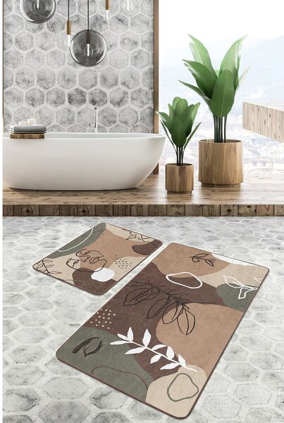 Brązowe aksamitne dywaniki łazienkowe zestaw 2 szt. 60x100 cm Abstract Faces – Mila Home