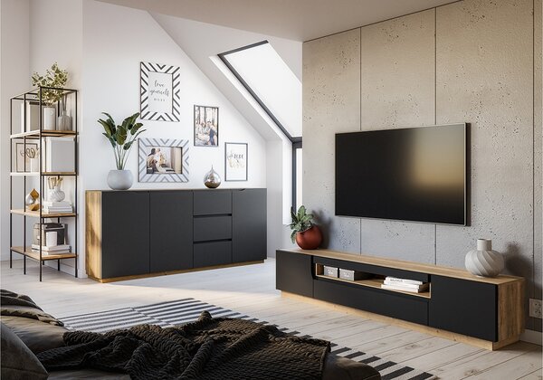 Szafka RTV Loftia 200 cm dwudrzwiowa z wnęką - artisan / czarny mat