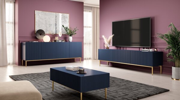 Komoda Nicole 200 cm z ryflowanym frontem i metalowymi nogami - granat / złote nóżki - Limitowana oferta