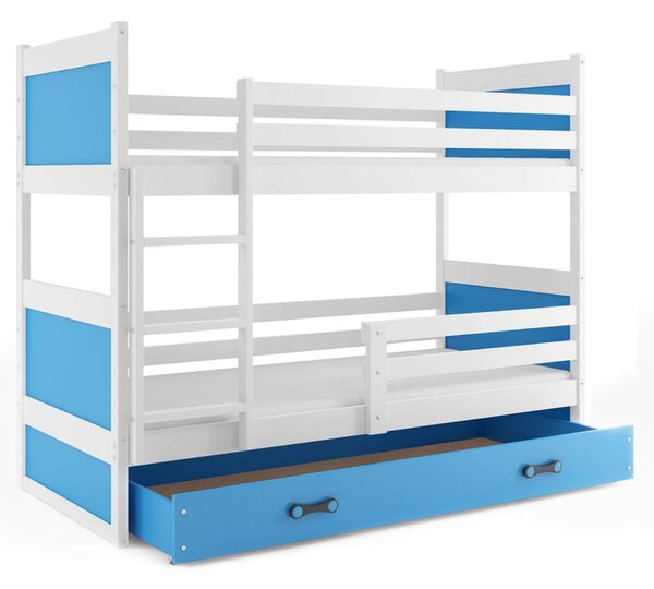 EMWOmeble Łóżko piętrowe z materacami RICO – 2 osobowe – BIAŁE szuflada niebieska 190x80