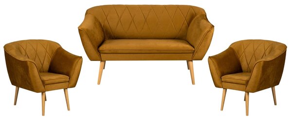 Skandynawski Zestaw Wypoczynkowy Pikowana Sofa 2os + 2 Fotele ROSA Złoty