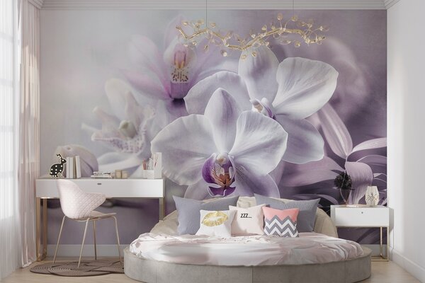 Fototapety Białe i liliowe delikatne kwiaty orchidei, miękkie oświetlenie i rozmyte teksturowane tło , Fototapety Kwiaty, w09155 : Uwalls.pl