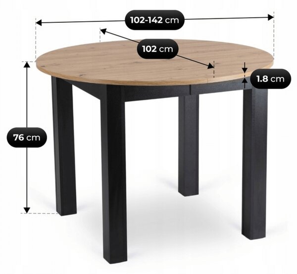 Zestaw Stół Okrągły Rozkładany HARRY 102-142 cm Dąb Artisan/Czarny i 6 Krzeseł Tapicerowanych ROBIN Szarych Nowoczesnych