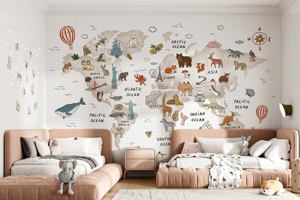 Fototapety Mapa świata ze zwierzętami i punktami orientacyjnymi, Fototapety Mapy, w04011 : Uwalls.pl