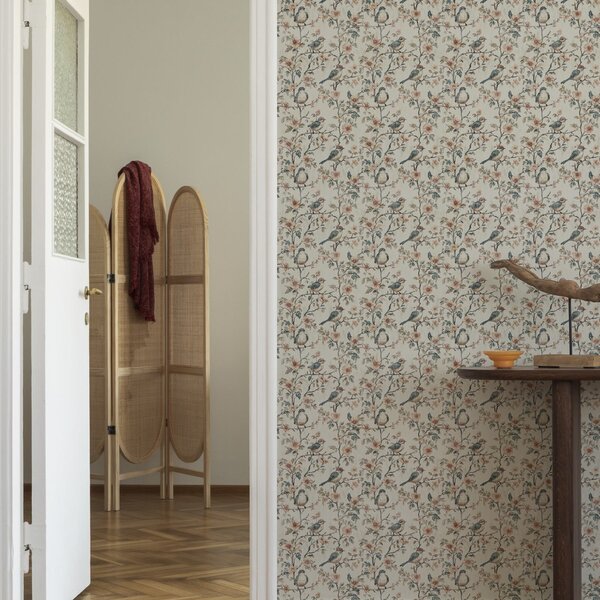 Tapety Ptaki na gałęziach z kwiatami w stylu retro akwareli, Tapety Do pokoju dziecięcego, Tapety do pokoju dziewczynki, a00197 : Uwalls.pl
