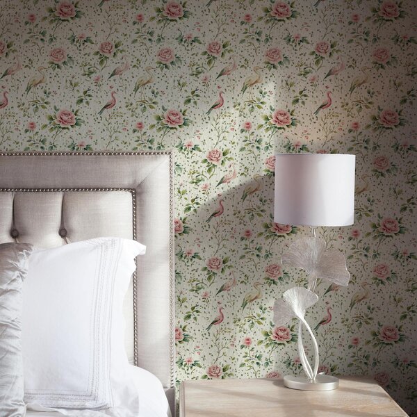 Tapety Pastelowe różowe róże i ptaki w stylu shabby chic, Tapety Angielskie, a00201 : Uwalls.pl