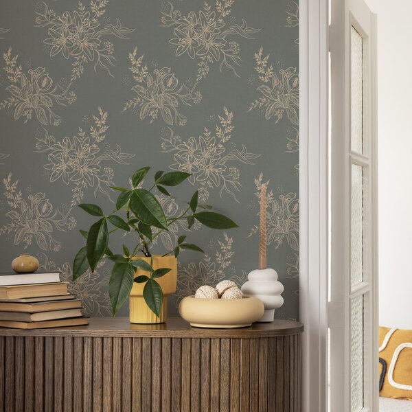 Tapety Konturowe kwiaty na niebiesko-szarym tle, elegancki wzór botaniczny, Tapety Z kwiatami, a00226 : Uwalls.pl