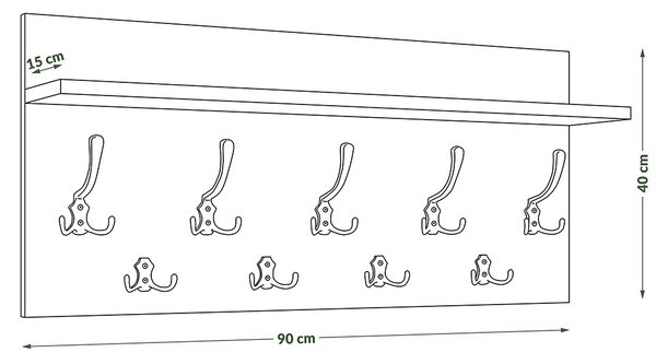 FINLO Czarny Mat/uchwyty Złoty Połysk - NOWOCZESNY WIESZAK ŚCIENNY Z PÓŁKĄ DO PRZEDPOKOJU 90 i 70 cm