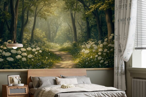 Fototapety Ścieżka w zielonym lesie, białe kwiaty, światło słoneczne, rysunek akrylowy, Fototapety Natura, w04119 : Uwalls.pl