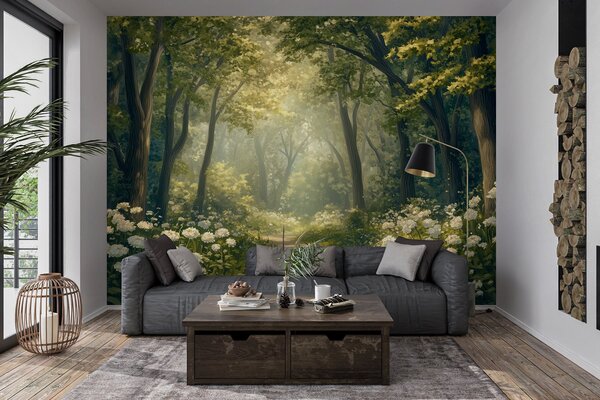 Fototapety Ścieżka w zielonym lesie, białe kwiaty, światło słoneczne, rysunek akrylowy, Fototapety Natura, w04119 : Uwalls.pl