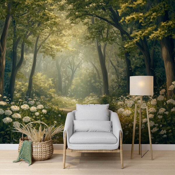 Fototapety Ścieżka w zielonym lesie, białe kwiaty, światło słoneczne, rysunek akrylowy, Fototapety Natura, w04119 : Uwalls.pl