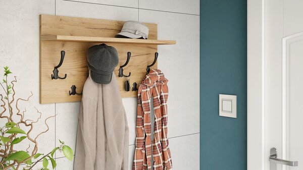 FINLO Dąb Craft Złoty/uchwyty Czarny Mat - NOWOCZESNY WIESZAK ŚCIENNY Z PÓŁKĄ DO PRZEDPOKOJU 90 i 70 cm