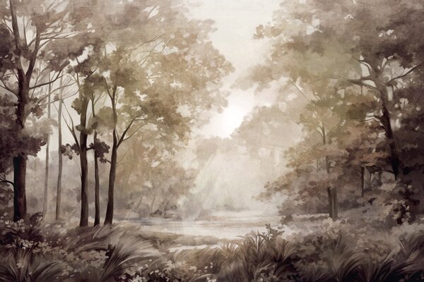 Fototapety Teksturowany krajobraz leśny, drzewa z beżowymi i brązowymi liśćmi, pastelowa paleta kolorów, Fototapety Natura, w09210 : Uwalls.pl