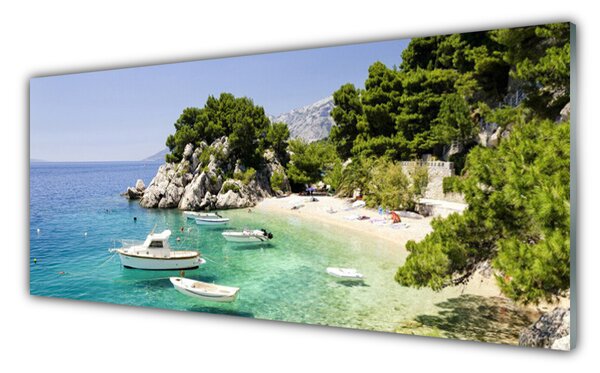 Obraz Szklany Morze Plaża Skały Łodzie