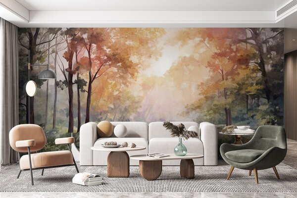 Fototapety Teksturowany krajobraz leśny, drzewa z pomarańczowymi i zielonymi liśćmi, pastelowa paleta kolorów, Fototapety Natura, w09210v1 : Uwalls.pl