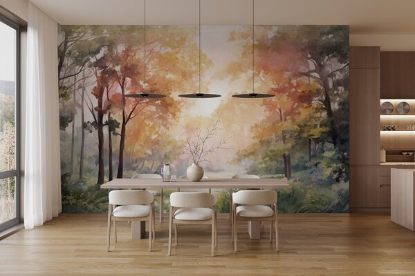 Fototapety Teksturowany krajobraz leśny, drzewa z pomarańczowymi i zielonymi liśćmi, pastelowa paleta kolorów, Fototapety Natura, w09210v1 : Uwalls.pl