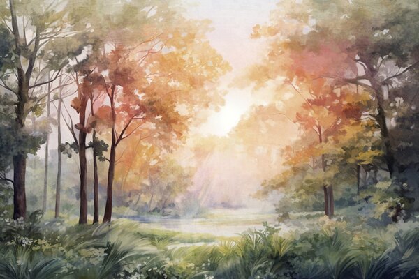 Fototapety Teksturowany krajobraz leśny, drzewa z pomarańczowymi i zielonymi liśćmi, pastelowa paleta kolorów, Fototapety Natura, w09210v1 : Uwalls.pl