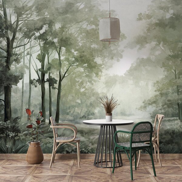 Fototapety Teksturowany krajobraz leśny, drzewa z zielonymi liśćmi, pastelowa paleta kolorów, Fototapety Natura, w09210v2 : Uwalls.pl