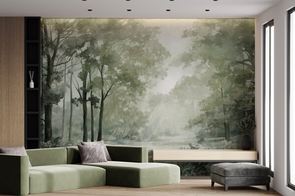 Fototapety Teksturowany krajobraz leśny, drzewa z zielonymi liśćmi, pastelowa paleta kolorów, Fototapety Natura, w09210v2 : Uwalls.pl