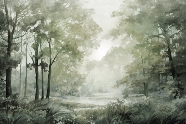 Fototapety Teksturowany krajobraz leśny, drzewa z zielonymi liśćmi, pastelowa paleta kolorów, Fototapety Natura, w09210v2 : Uwalls.pl