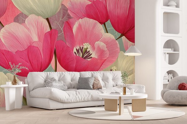 Fototapety Żywe maki z graficznymi liśćmi w tle, Fototapety Kwiaty, Fototapety Duże kwiaty, w09152 : Uwalls.pl