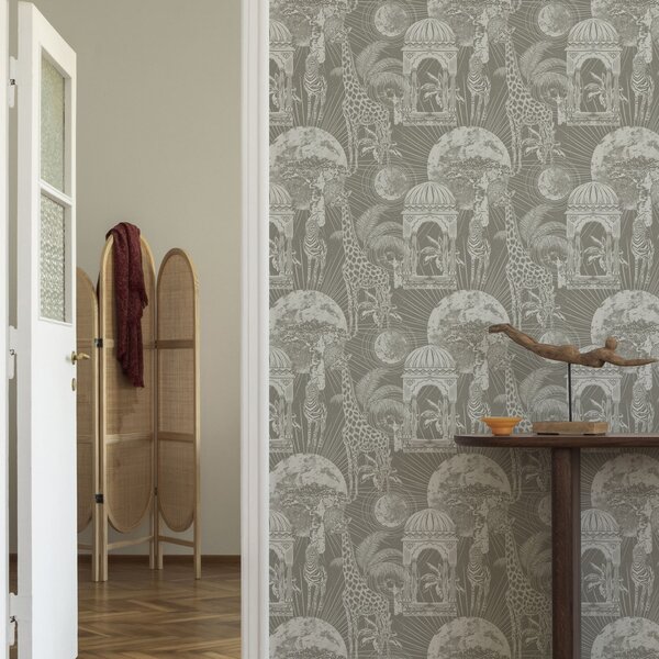 Tapety Żyrafa i zebra na tle architektury i tropikalnych drzew, Tapety Do pokoju dziecięcego, Tapety do pokoju chłopca, a00276 : Uwalls.pl