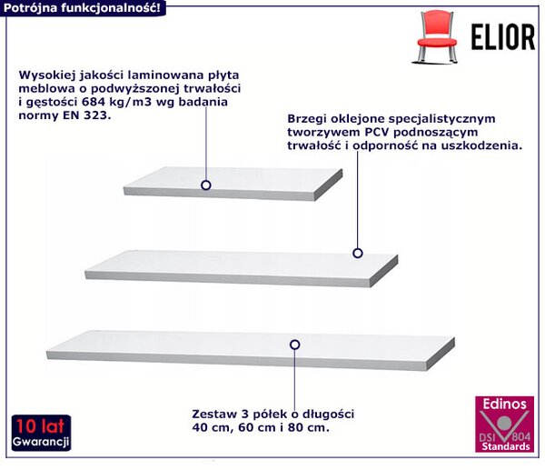 Zestaw 3 białych półek ściennych H2-C38