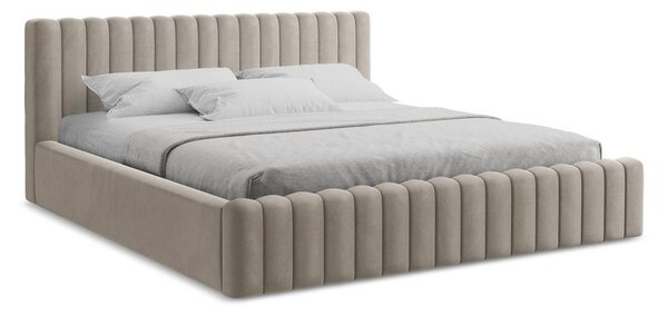 Szarobrązowe tapicerowane łóżko dwuosobowe ze schowkiem i stelażem 160x200 cm Lemi – Makamii