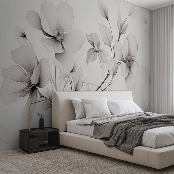 Fototapety Czarno-białe kwiaty z eleganckimi liniami na szarym tle, Fototapety Kwiaty, w09271 : Uwalls.pl