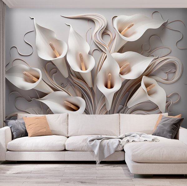 Fototapety Wolumetryczne lilie calla w kremowych odcieniach z efektem 3D, Fototapety Kwiaty, w09281 : Uwalls.pl