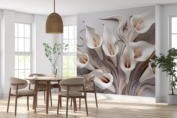 Fototapety Wolumetryczne lilie calla w kremowych odcieniach z efektem 3D, Fototapety Kwiaty, w09281 : Uwalls.pl