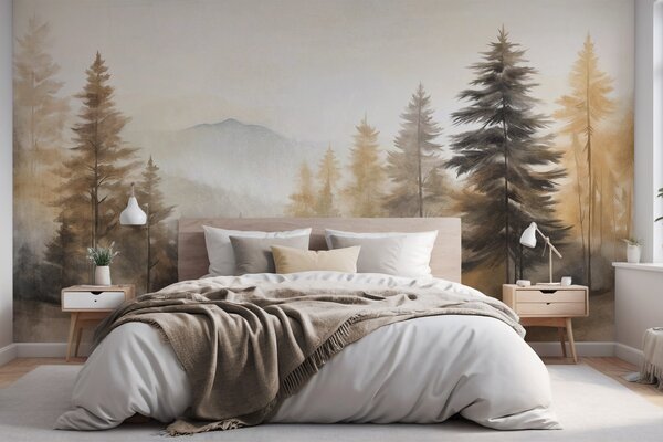 Fototapety Teksturowany jesienny las z wysokimi sosnami i górami w tle, kolory są stonowane i ziemisty styl, Fototapety Natura, w09290 : Uwalls.pl