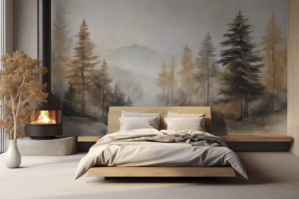 Fototapety Teksturowany jesienny las z wysokimi sosnami i górami w tle, kolory są stonowane i ziemisty styl, Fototapety Natura, w09290 : Uwalls.pl