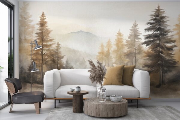 Fototapety Teksturowany jesienny las z wysokimi sosnami i górami w tle, kolory są stonowane i ziemisty styl, Fototapety Natura, w09290 : Uwalls.pl