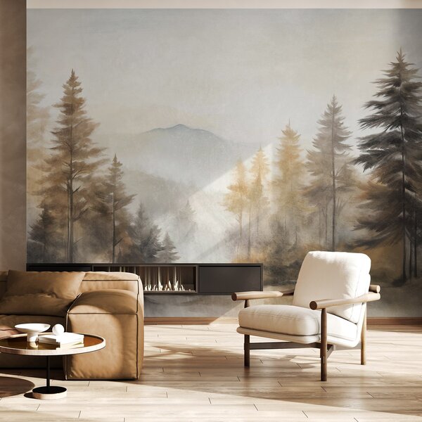 Fototapety Teksturowany jesienny las z wysokimi sosnami i górami w tle, kolory są stonowane i ziemisty styl, Fototapety Natura, w09290 : Uwalls.pl