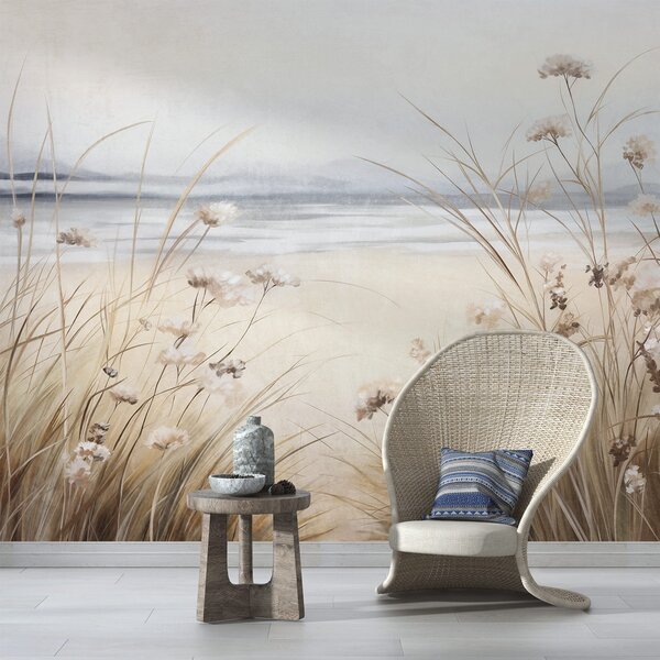 Fototapety Pole pszenicy z białymi kwiatami na pierwszym planie, plaża i ocean w tle, neutralne pastelowe, Fototapety Natura, w09298 : Uwalls.pl