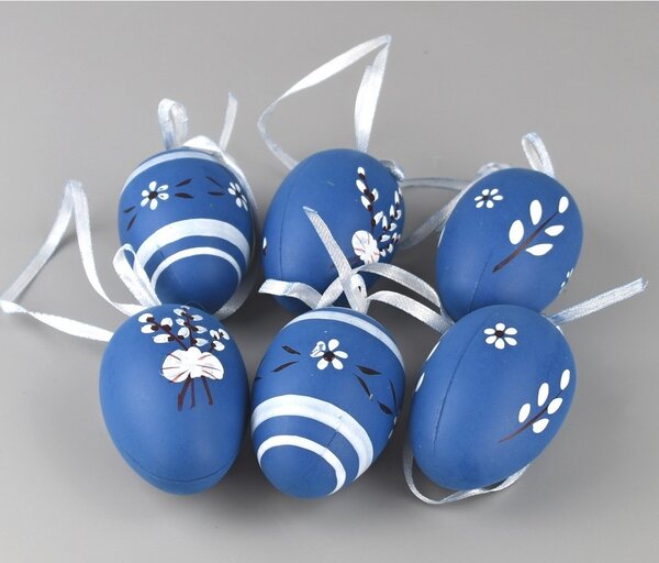 Komplet ręcznie malowanych jajek z tasiemką niebieski, 6 szt