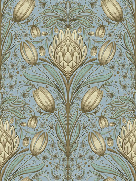 Tapety Niebieski wzór z karczochami i tulipanami, Tapety Z kwiatami, a00435 : Uwalls.pl