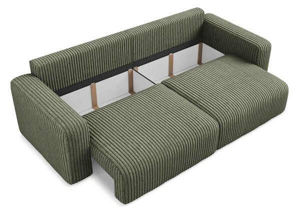 Zielona sztruksowa rozkładana sofa ze schowkiem 252 cm Kona – Makamii