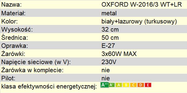 Plafon Biało-lazurowy OXFORD W-2016/3 WT+LR